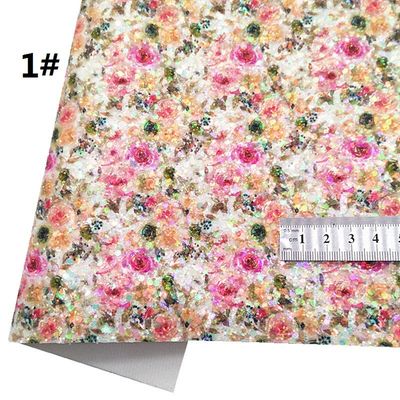 Shiny Spring Flower Printed Glitter Cotton Velvet Bottom PU Leather Fabric