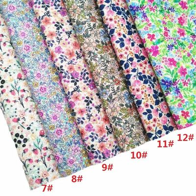Shiny Spring Flower Printed Glitter Cotton Velvet Bottom PU Leather Fabric