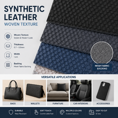 Woven Texture Synthetic Leather PVC Roll with Mesh Fabric Backing for Bags Wallets Furniture
